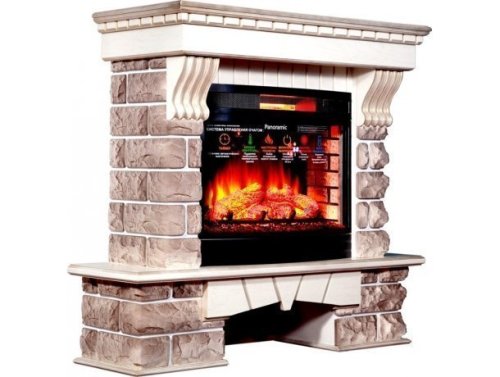 Каминокомплект Interflame Экстер Кавказ бежевый патина с очагом Panoramic 06 25 LED FX — фото 2