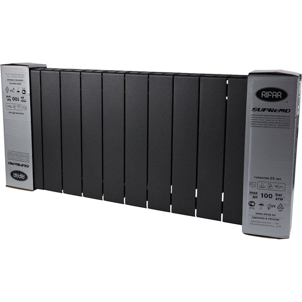 Биметаллический радиатор отопления Rifar Supremo Ventil SVR 350 12 секций нижнее правое подключение антрацит