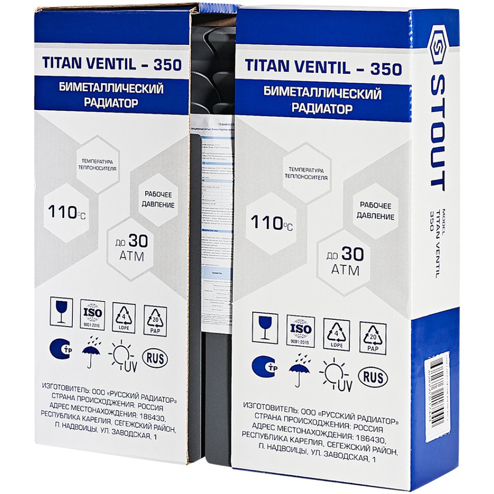 Биметаллический радиатор отопления Stout Titan Ventil 350 4 секции графит RAL 7024 — фото 4