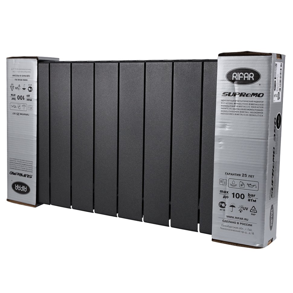 Биметаллический радиатор отопления Rifar Supremo 350 боковое подключение 10 секций антрацит
