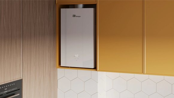 Проточный газовый водонагреватель E8 tempo E8WAY20 (белая стеклянная панель)