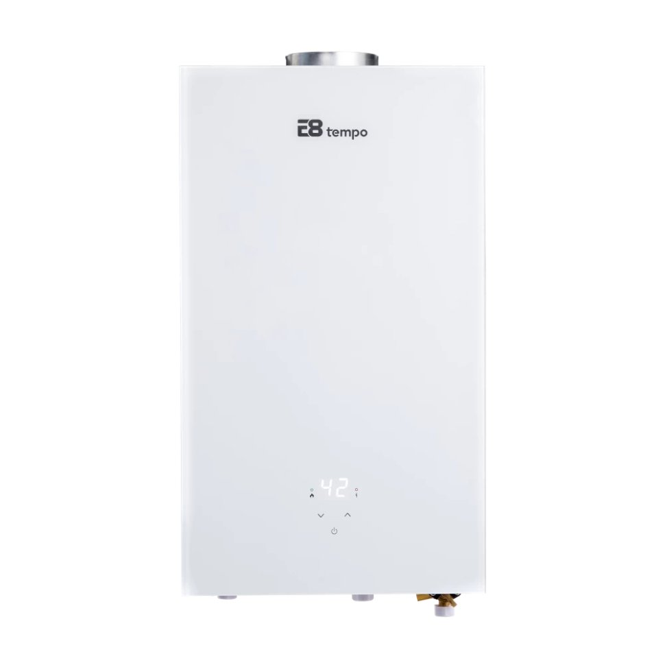 Проточный газовый водонагреватель E8 tempo E8WAY20 (белая стеклянная панель)