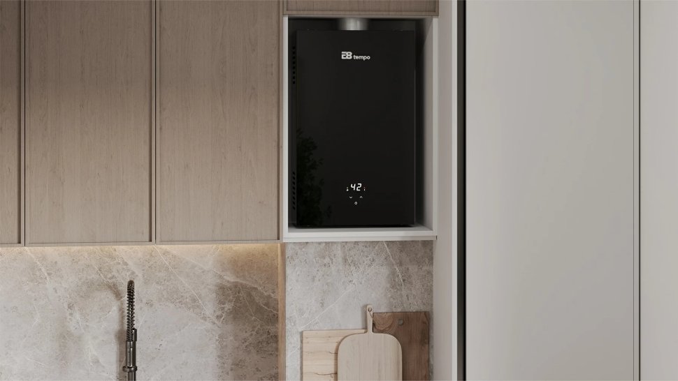 Проточный газовый водонагреватель E8 tempo E8WCY20 (черная стеклянная панель)