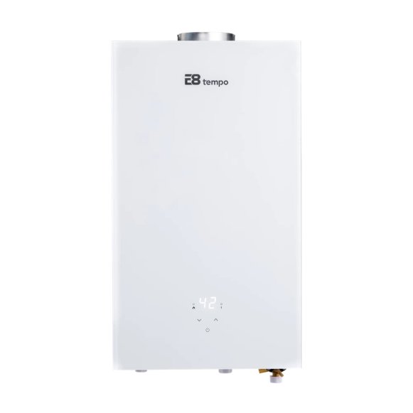Проточный газовый водонагреватель E8 tempo E8WAY24 (белая стеклянная панель)