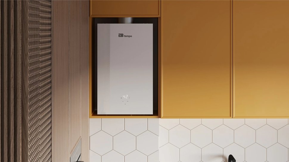 Проточный газовый водонагреватель E8 tempo E8WAY24 (белая стеклянная панель)