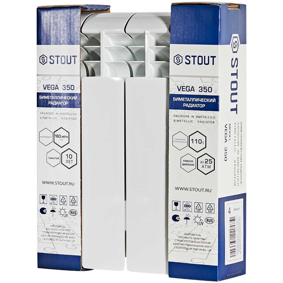 Биметаллический радиатор отопления Stout Vega 350 4 секции боковое подключение белый RAL 9016 — фото 4