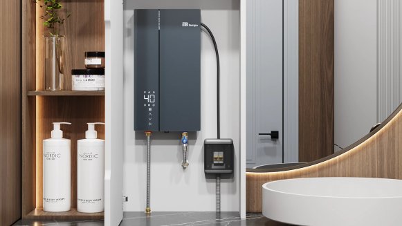 Проточный электрический водонагреватель E8 tempo RW90 синяя стеклянная панель