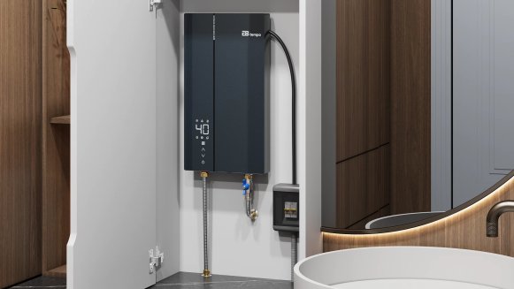 Проточный электрический водонагреватель E8 tempo RW90 синяя стеклянная панель